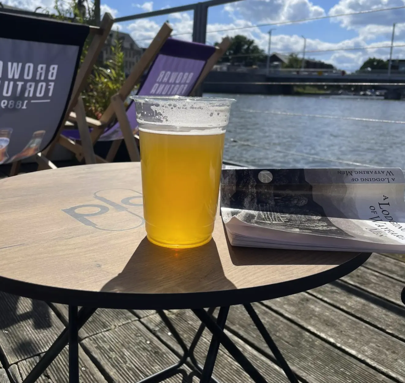 Beer on table with book