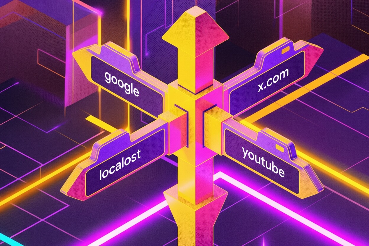 Signposts with signs pointing to various websites. Google, x.com, localhost